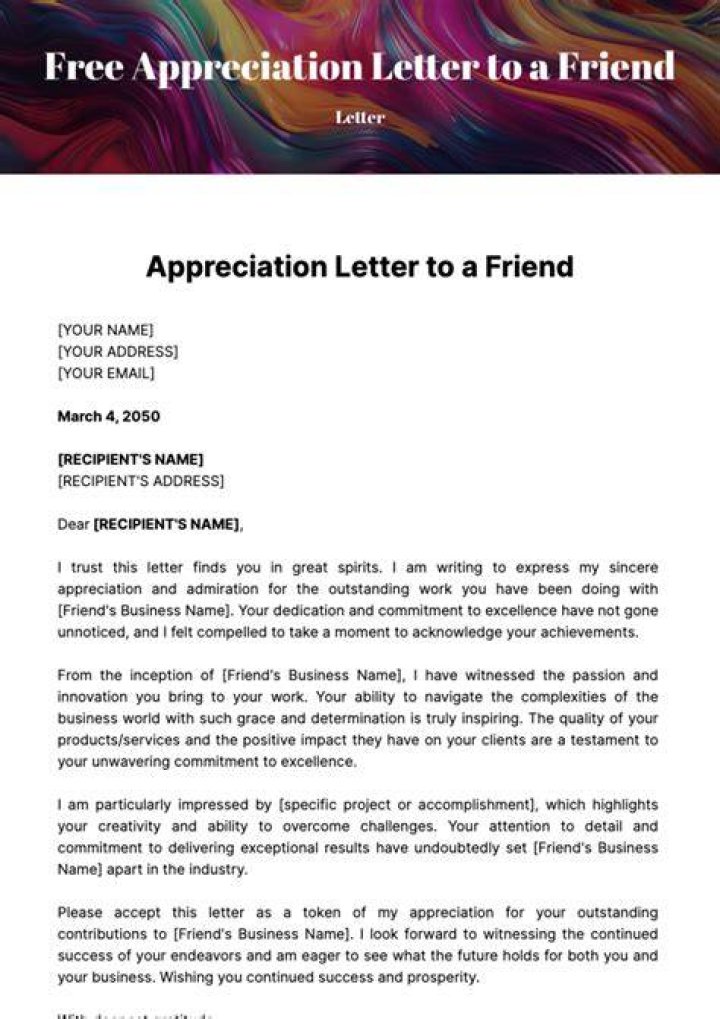 Appreciation Letter Template to Friend Format, Sample & Example
