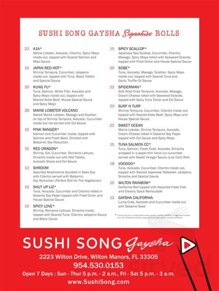 Sushi Song Oakland Park menus in Fort Lauderdale, Florida, United States