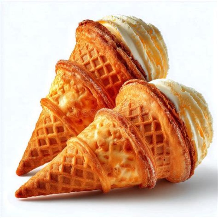three waffle cones filled with fried food on top of each other in front